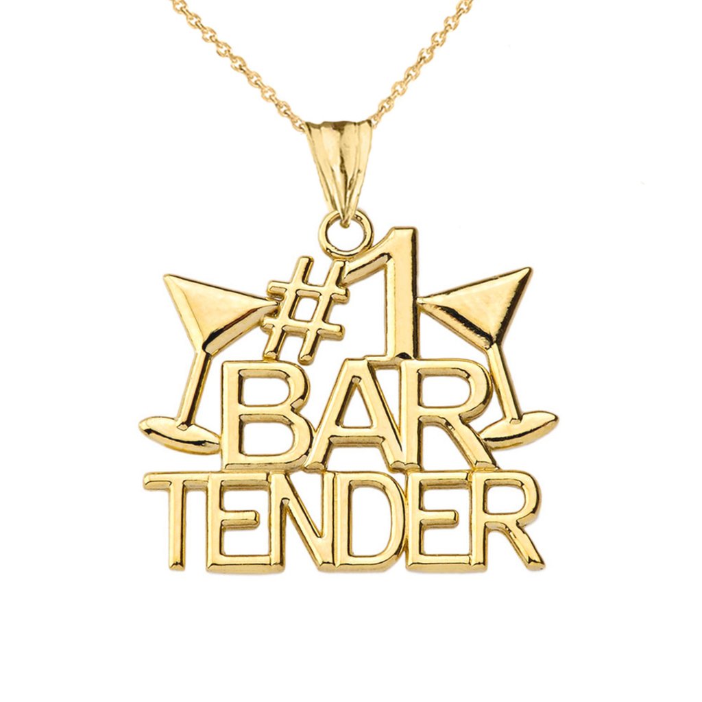 14k Solid Gold #1 Bartender Pendant Necklace - Yellow, Rose, Or White